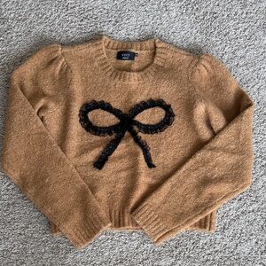 Vici Tan Sweater with Black Lace Bow